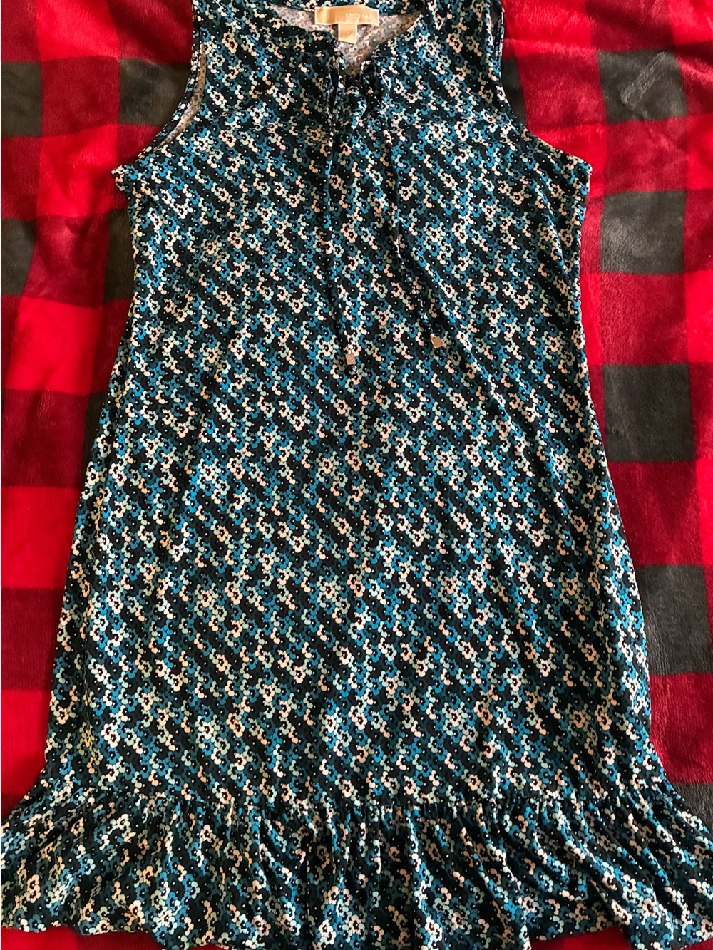 Michael Kors Teal, Black & White Geometric Sleeveless Casual Dress
